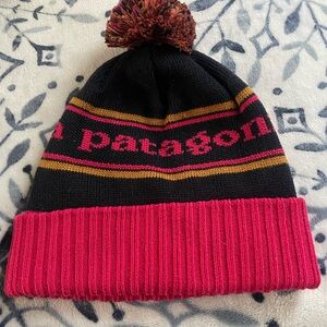 Patagonia Navy and Pink Pom-Pom Beanie
